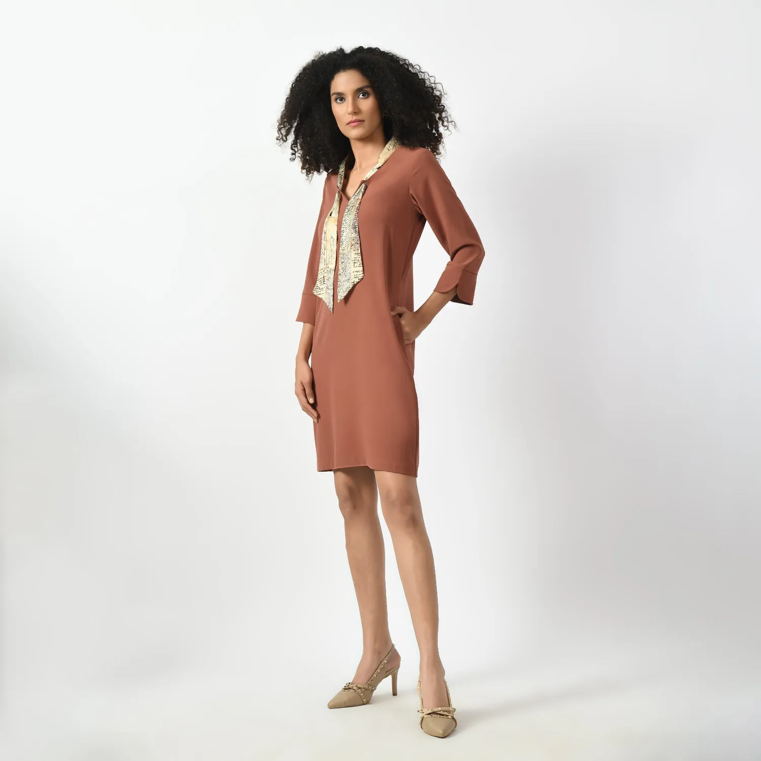Peach Dress With Tie Knot Collar