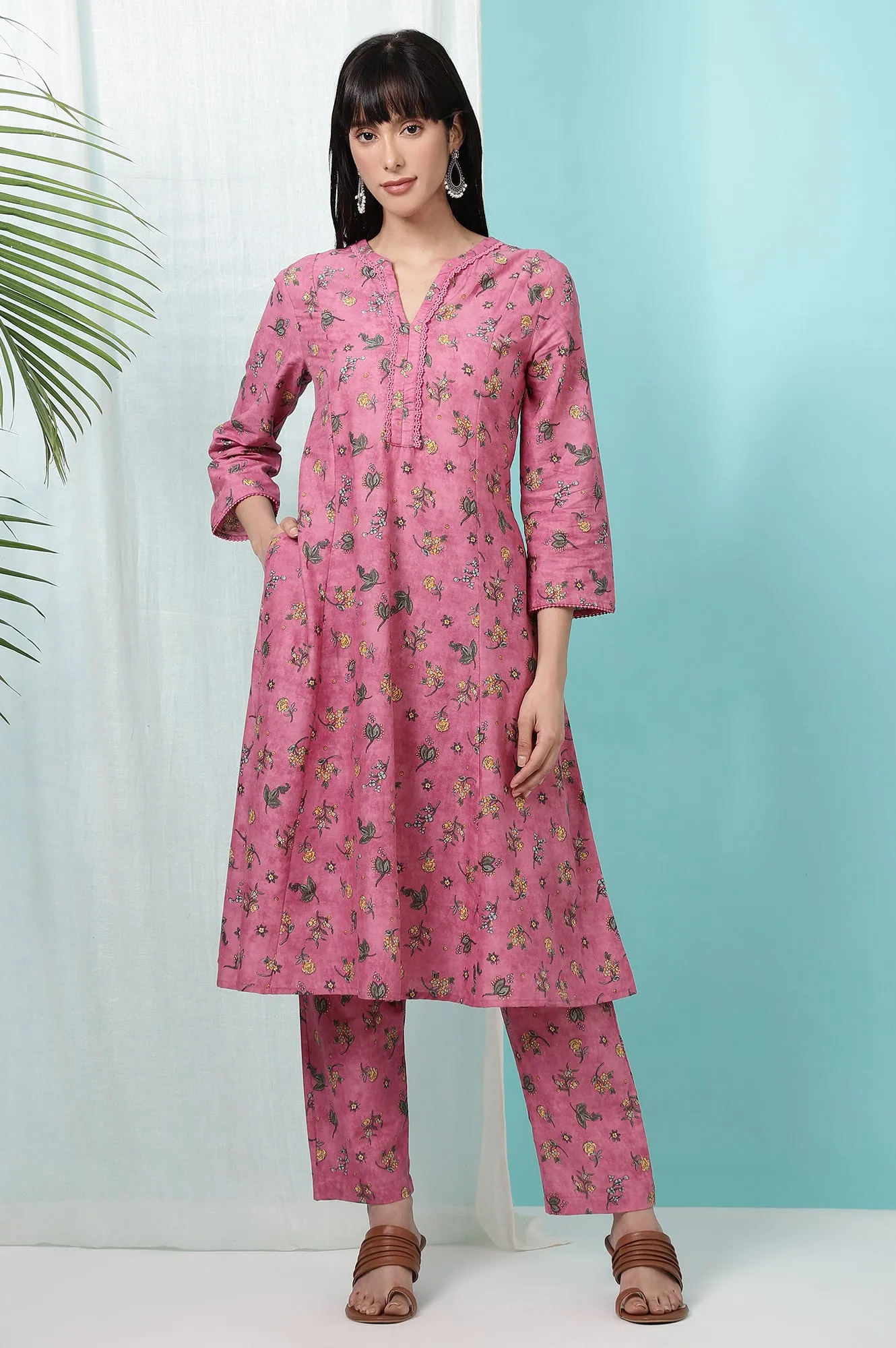 Pink Floral Printed Pure Cotton A-line Kurta and Pants Co-ord Set