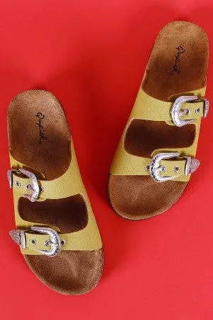 Qupid Suede Buckled Dual Bands Cork Footbed Slide Sandal
