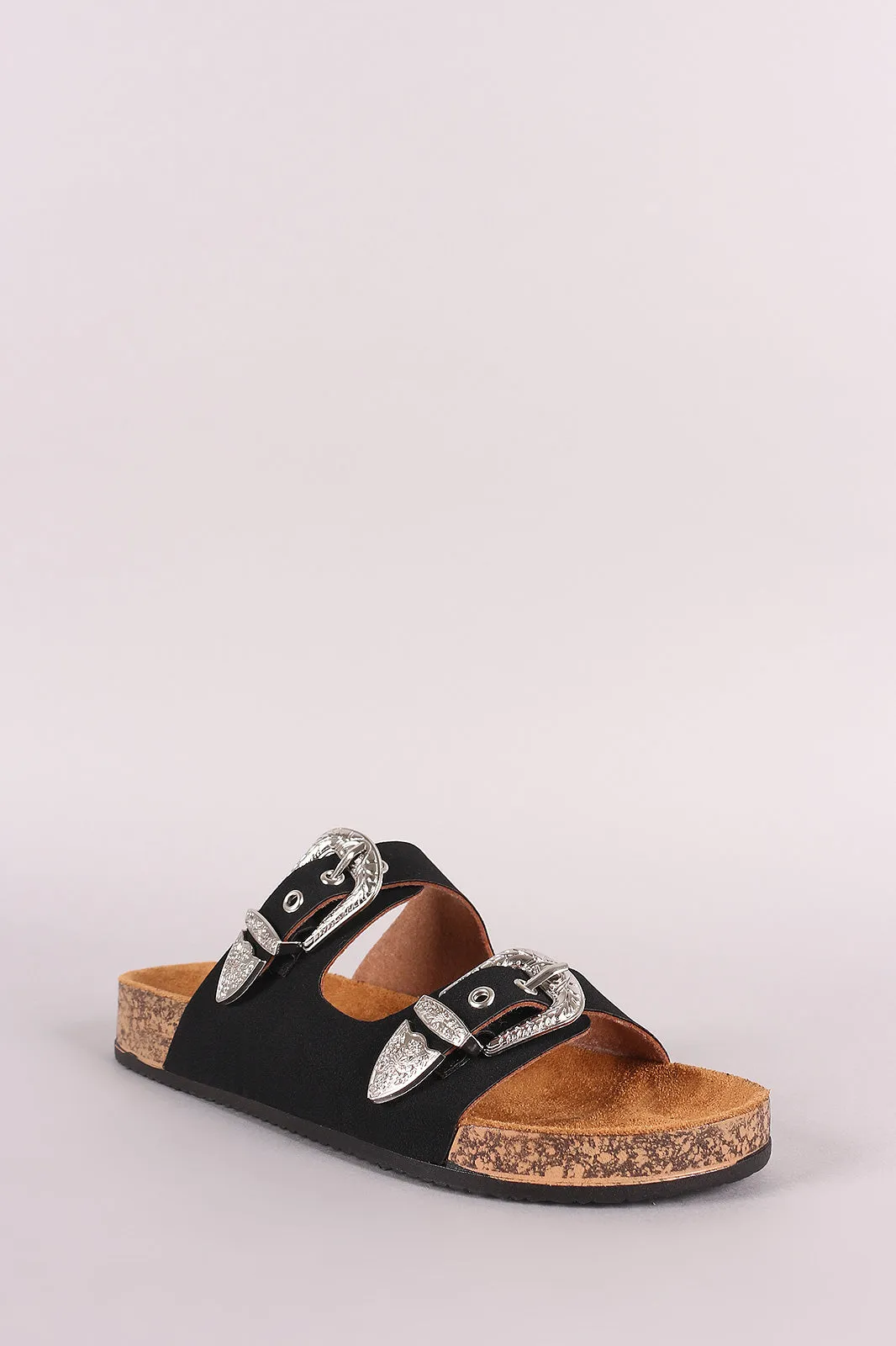 Qupid Suede Buckled Dual Bands Cork Footbed Slide Sandal