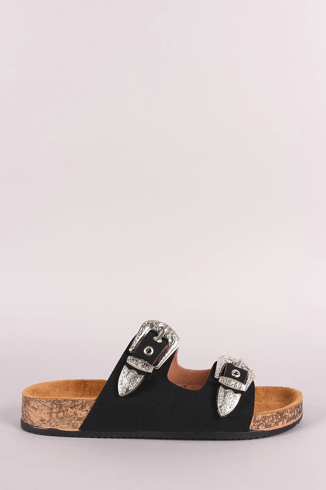 Qupid Suede Buckled Dual Bands Cork Footbed Slide Sandal