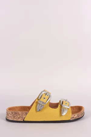 Qupid Suede Buckled Dual Bands Cork Footbed Slide Sandal