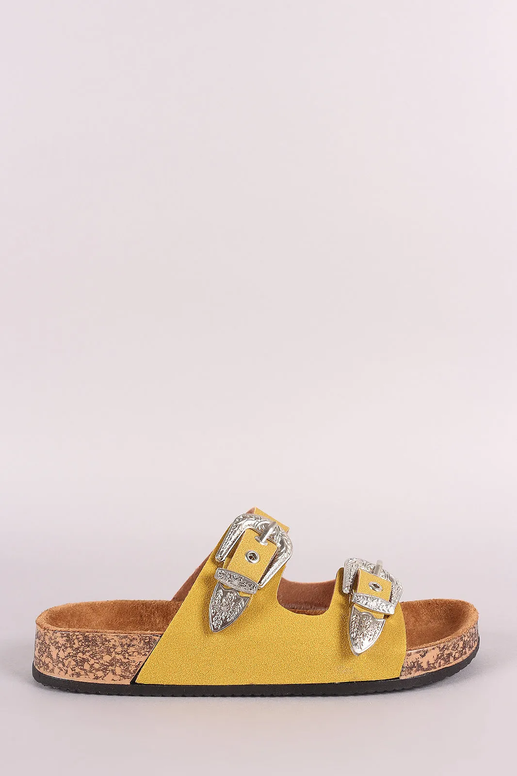 Qupid Suede Buckled Dual Bands Cork Footbed Slide Sandal