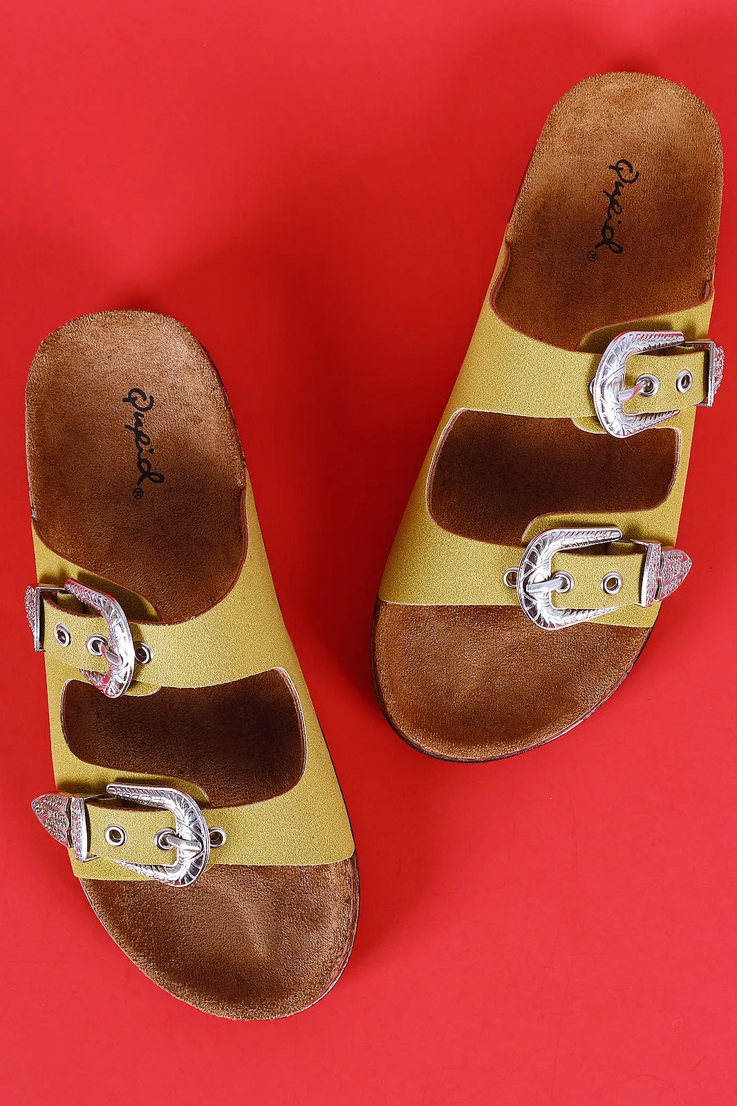 Qupid Suede Buckled Dual Bands Cork Footbed Slide Sandal