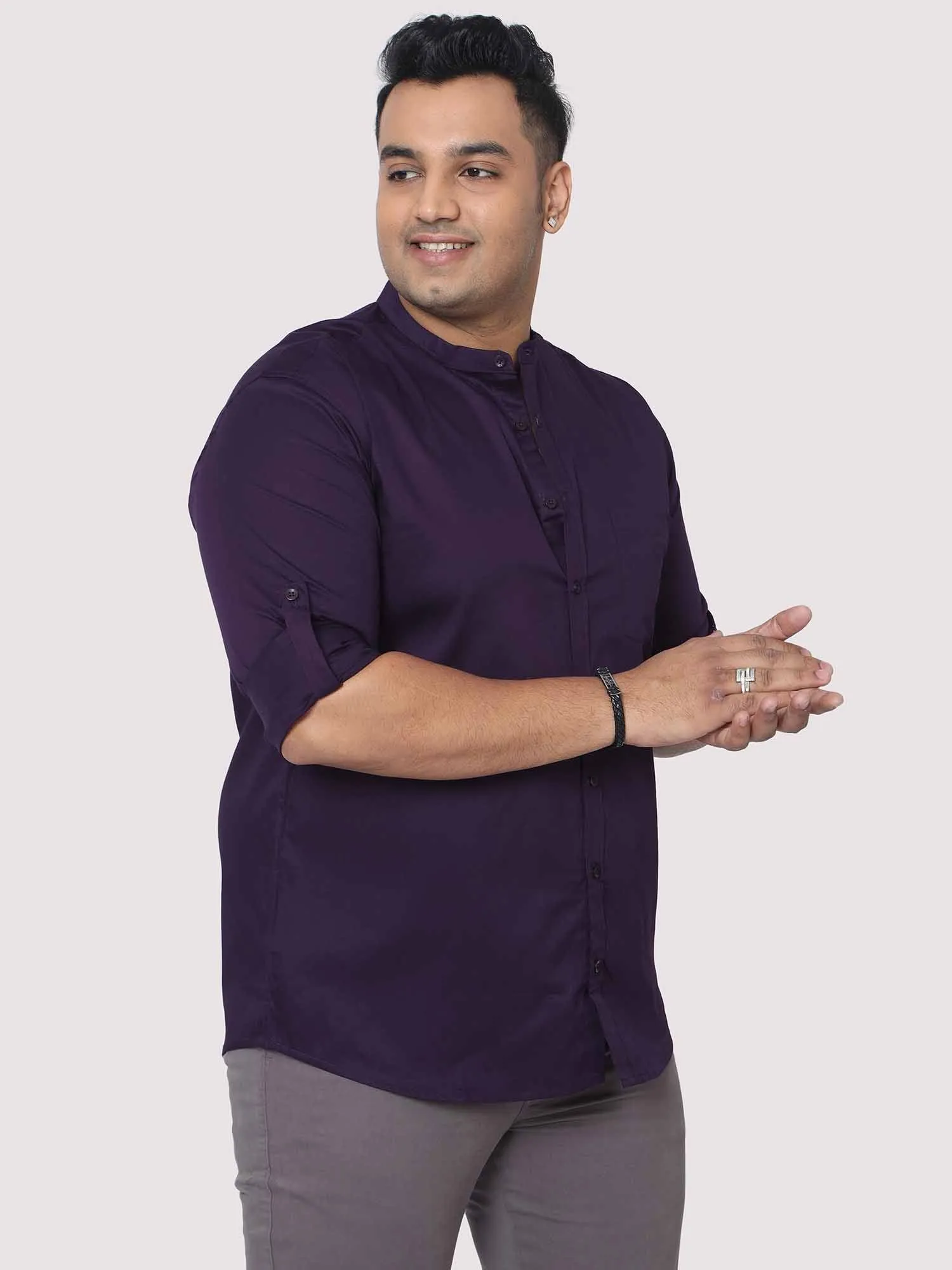 Regal Purple Mandarin Collar Men's Plus Size Cotton Full Shirt