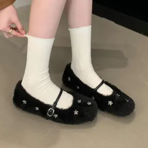 Rhinestone Fleece Mary Jane Flats