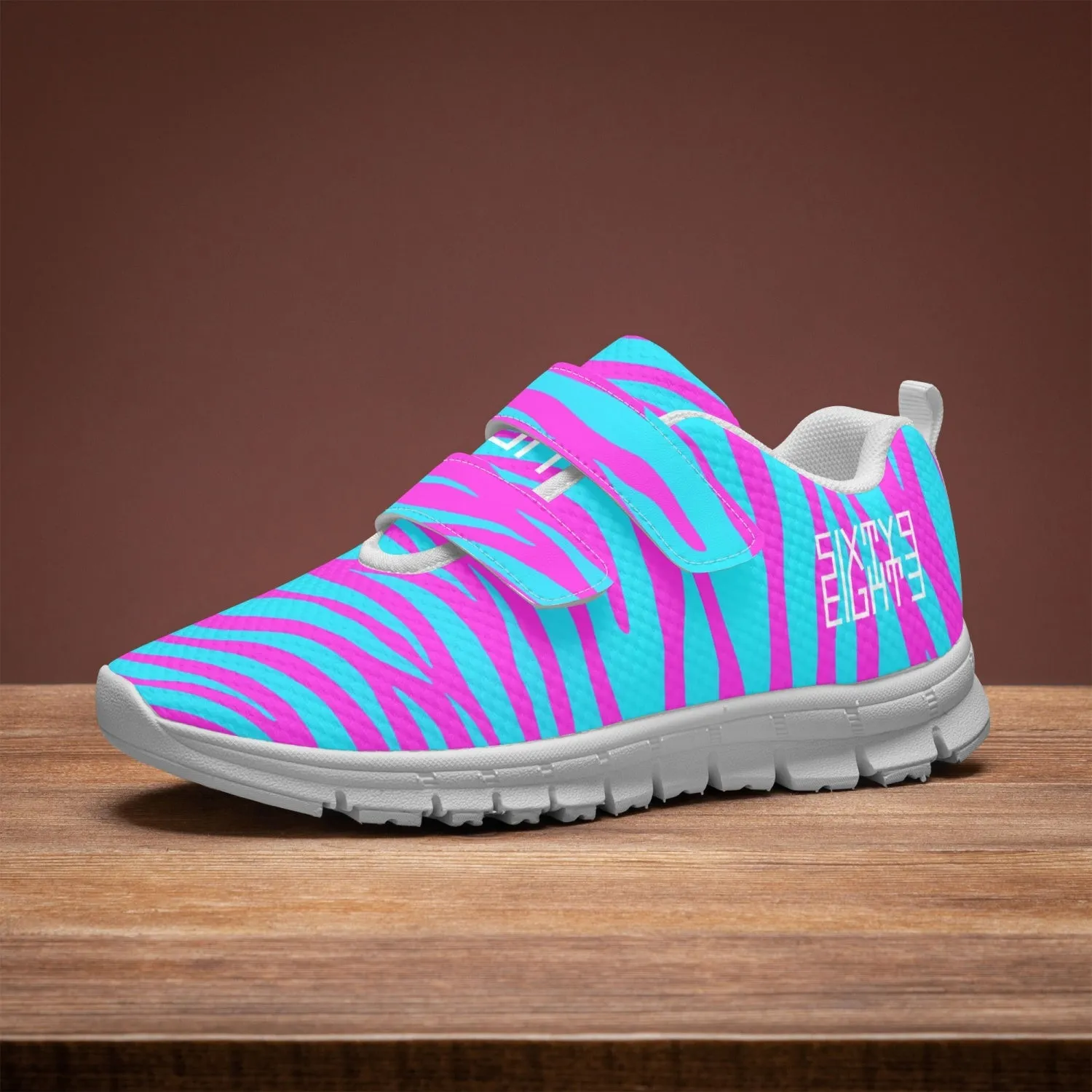 Sixty Eight 93 Logo White Zebra Blueberry Fuchsia Kids Lightweight Velcro Shoe