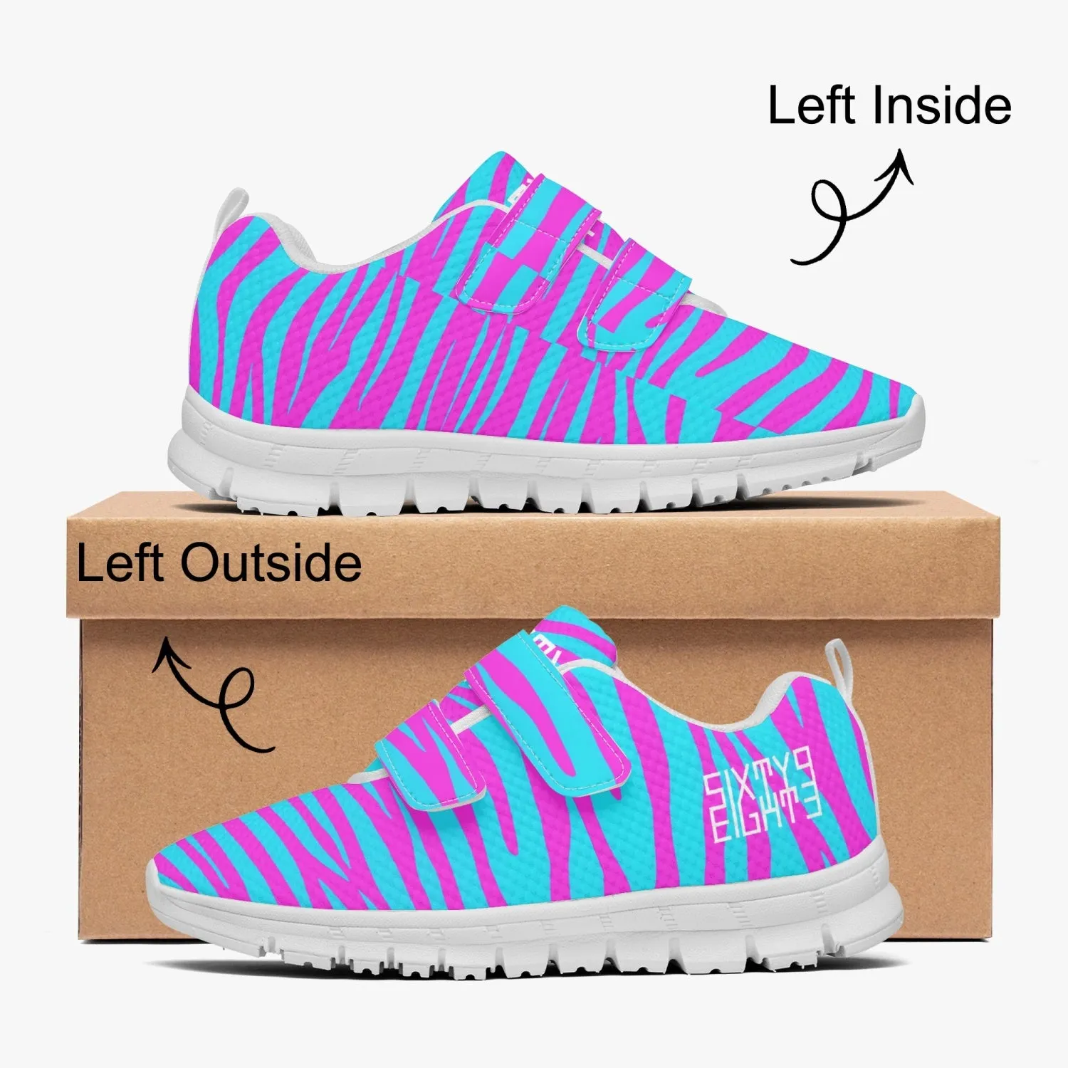 Sixty Eight 93 Logo White Zebra Blueberry Fuchsia Kids Lightweight Velcro Shoe