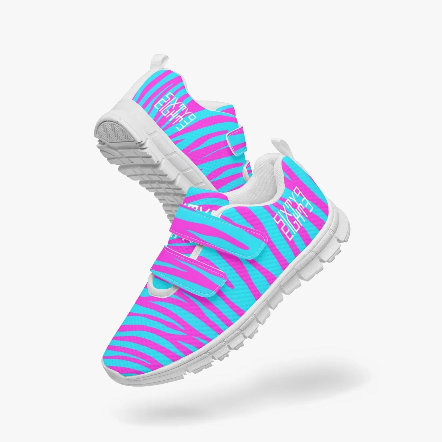 Sixty Eight 93 Logo White Zebra Blueberry Fuchsia Kids Lightweight Velcro Shoe