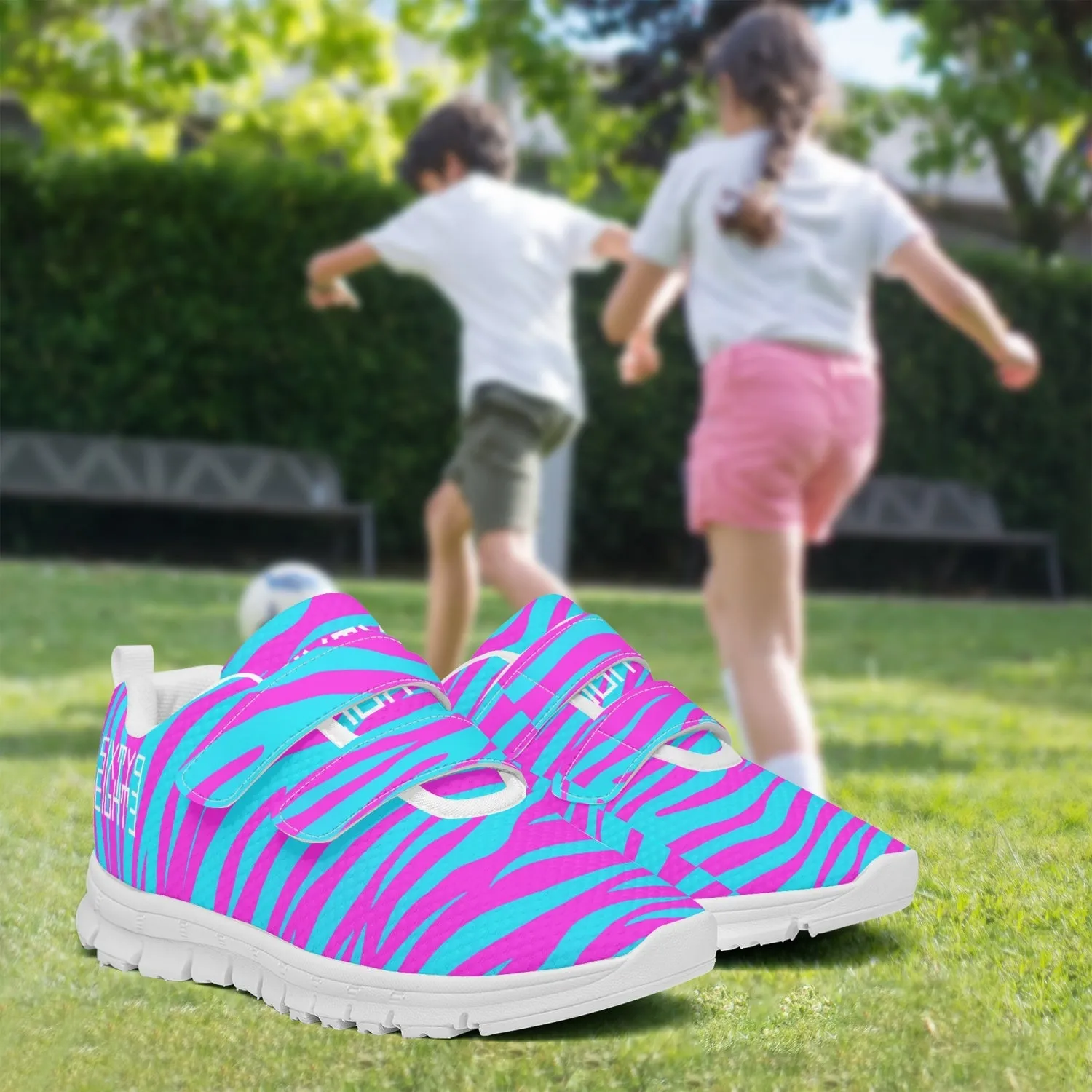 Sixty Eight 93 Logo White Zebra Blueberry Fuchsia Kids Lightweight Velcro Shoe