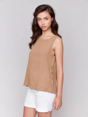 Sleeveless Linen Side Button Top in Biscuit
