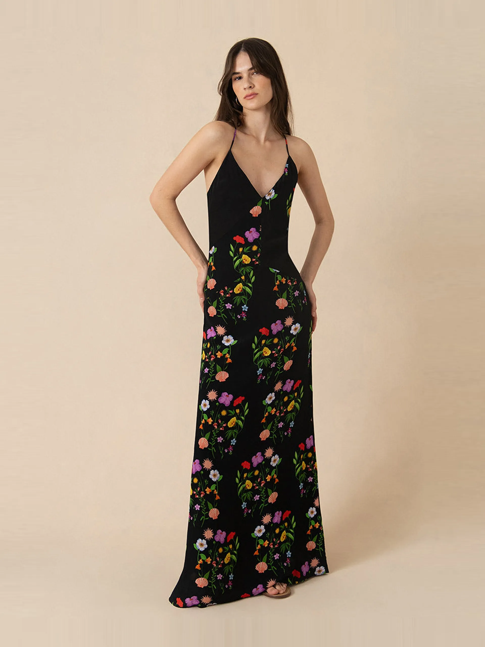 Terrazo flower black Olive crepe maxi dress