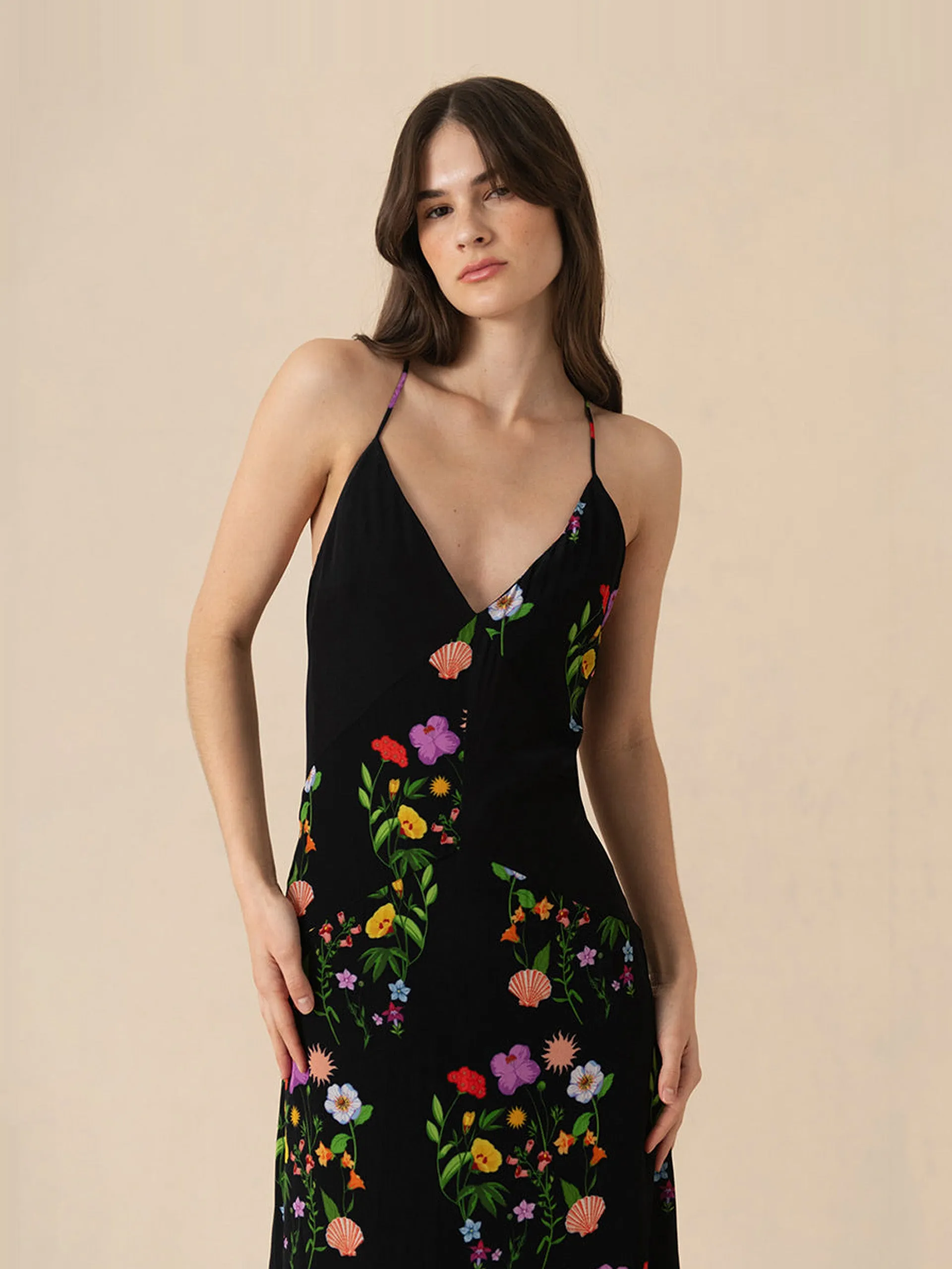 Terrazo flower black Olive crepe maxi dress