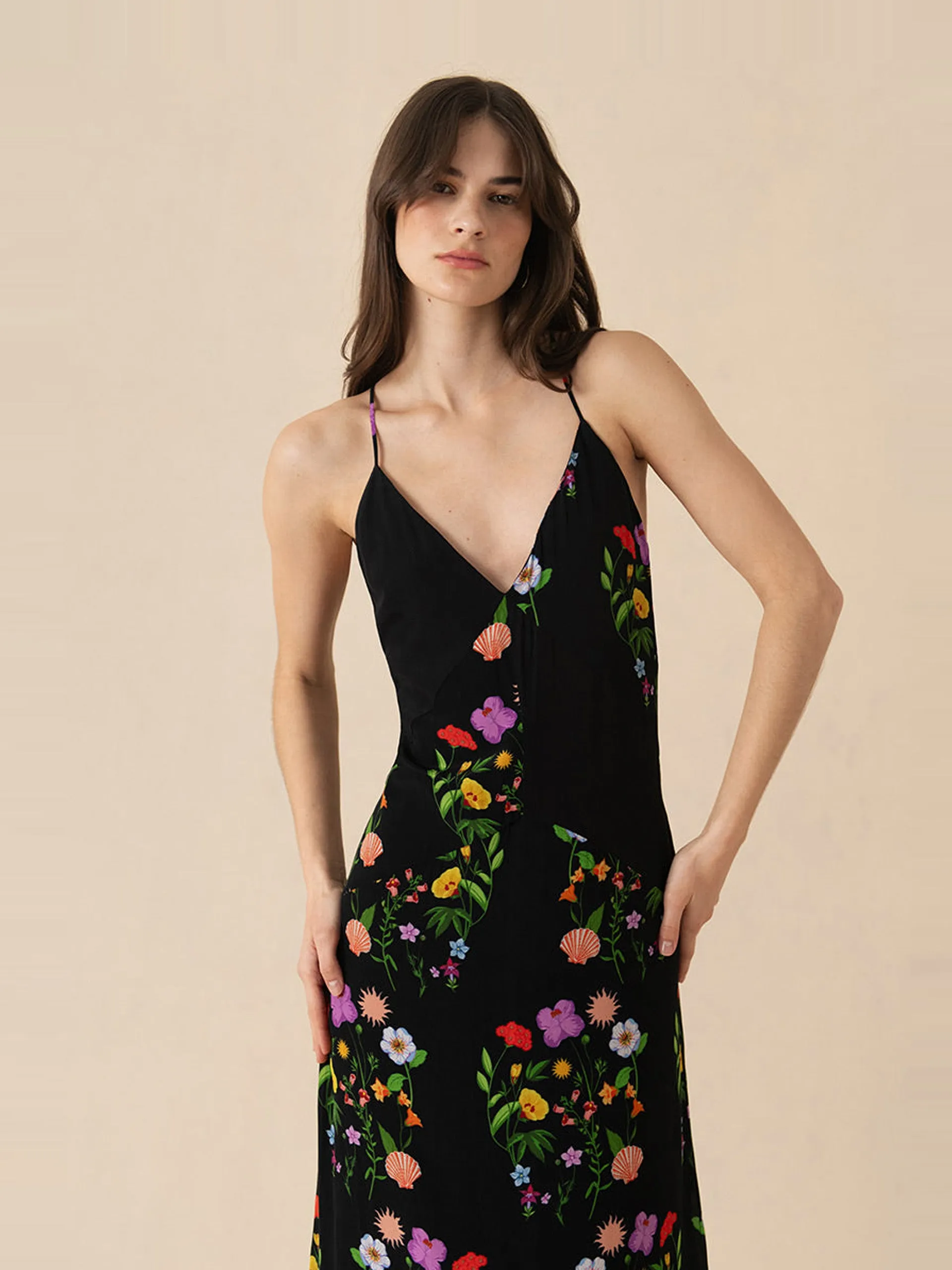 Terrazo flower black Olive crepe maxi dress