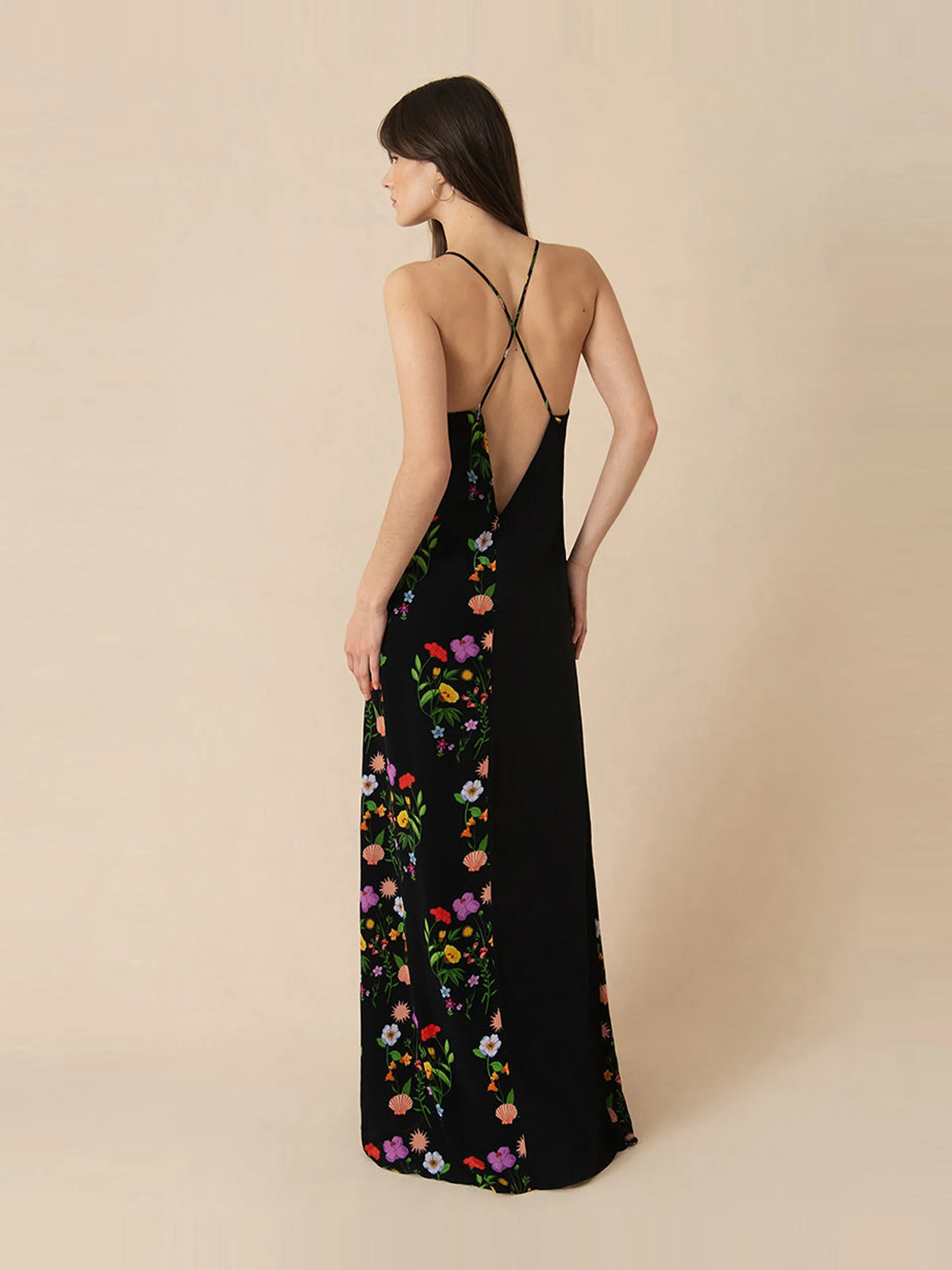 Terrazo flower black Olive crepe maxi dress