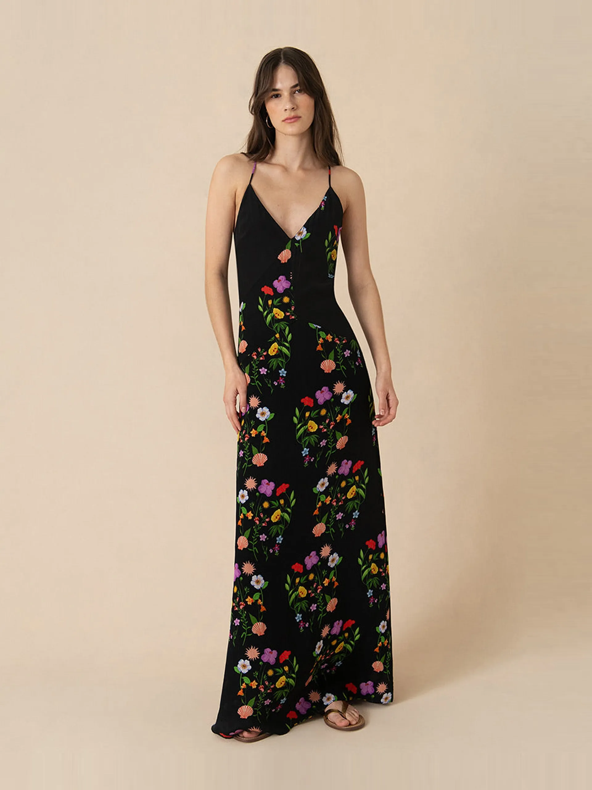 Terrazo flower black Olive crepe maxi dress