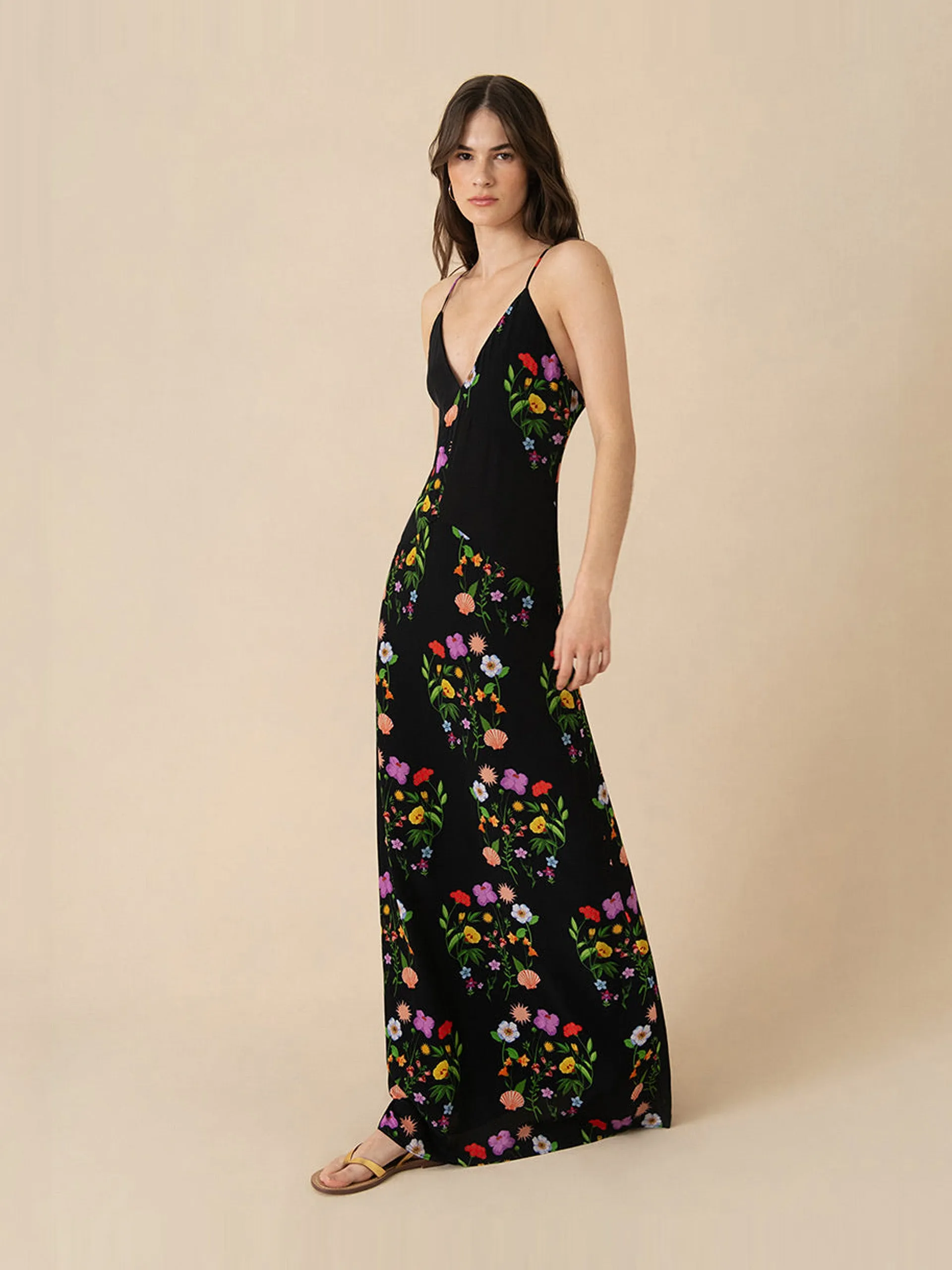Terrazo flower black Olive crepe maxi dress