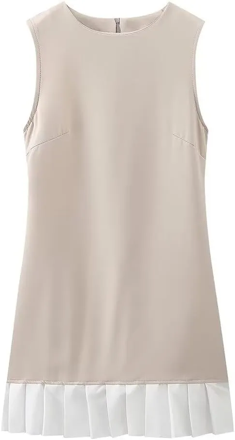Women's Elegant Splicing Pleated Mini Dress Fashion Round Neck Sleeveless Patchwork Party Office Tank Dresses Bodycon