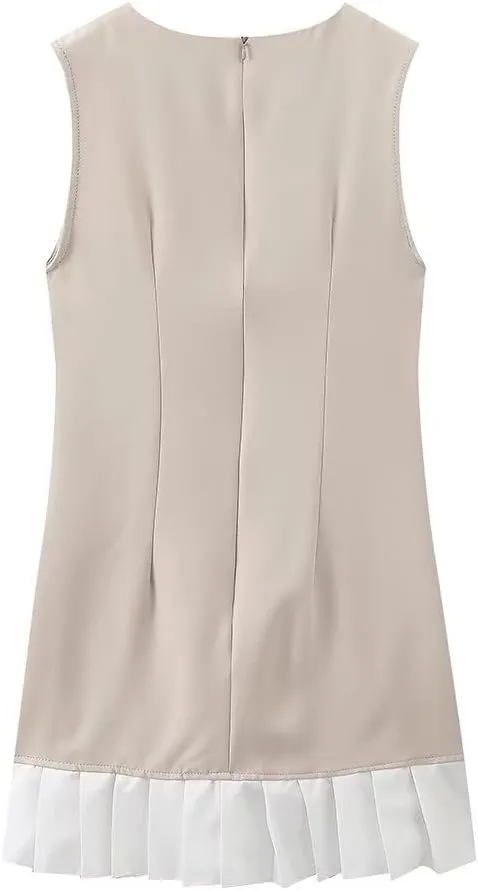 Women's Elegant Splicing Pleated Mini Dress Fashion Round Neck Sleeveless Patchwork Party Office Tank Dresses Bodycon